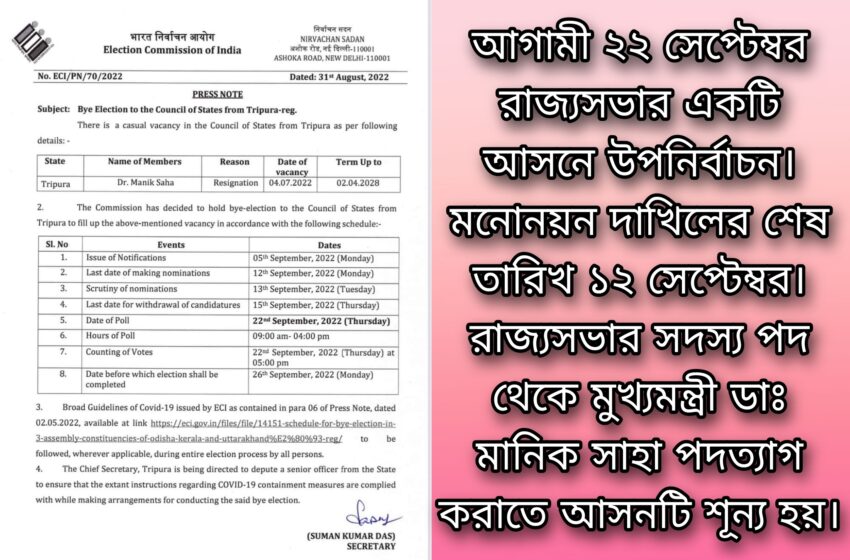  রাজ্যসভার ১ টি আসনে উপনির্বাচন ২২ শে সেপ্টেম্বর!